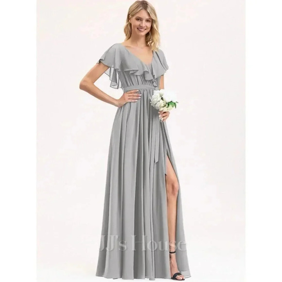JJs House Floor Length Chiffon Silver Gray Formal Gown Bridesmaid Dress Size 2 - Picture 3 of 6